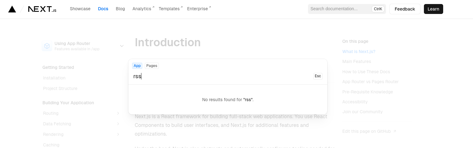 an image of the Next.js docs site with the search query "rss". No results are found.